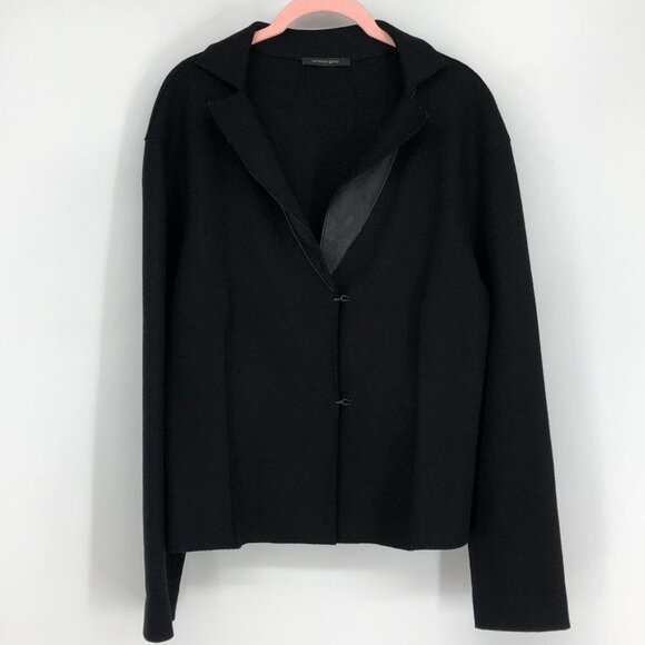 Annette Gortz Black Long Sleeve 100% Wool Blazer w/Hook Buttons & Leather Trim L - Picture 3 of 11
